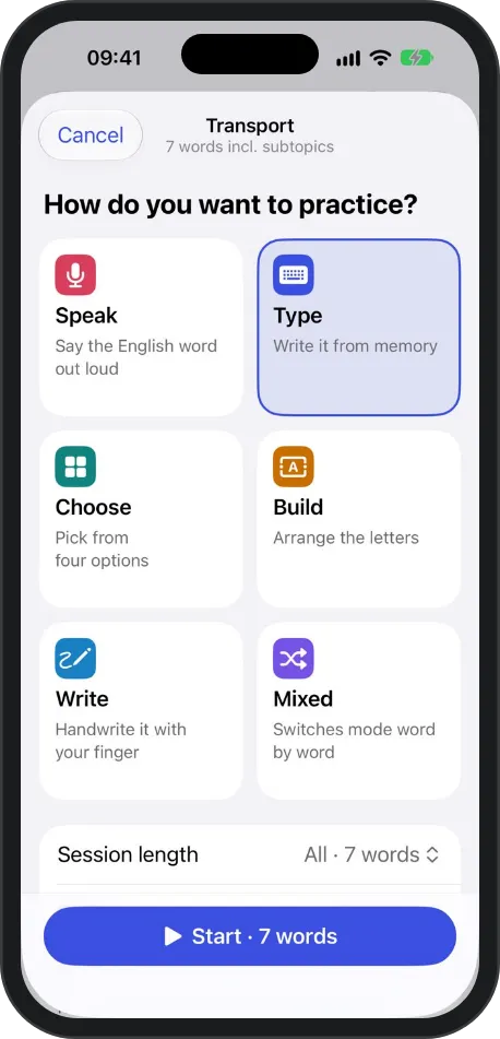 Choosing how to practice: Speak, Type, Choose, Build, Write or Mixed